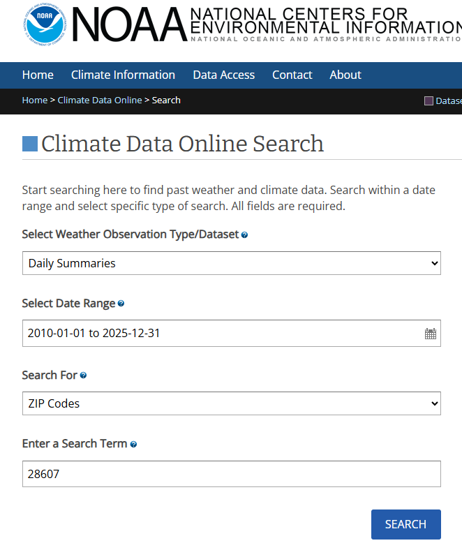 Climate Data Online search form with Daily Summaries selected, a date range, and a location search term (here a ZIP code). Choose the dataset and window you want before you run Search.