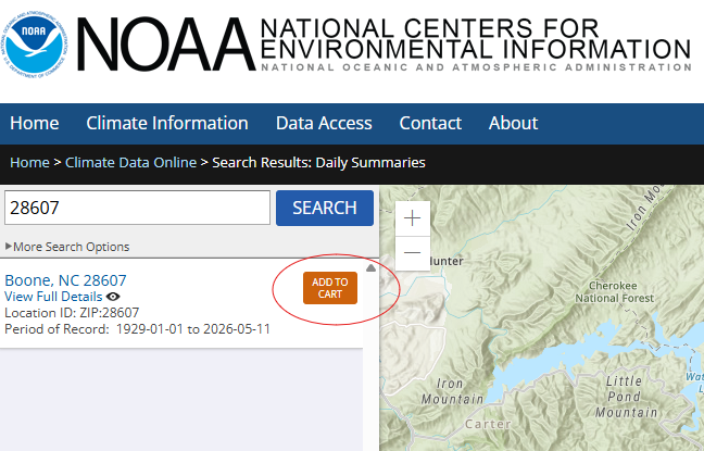 Search results list the matching place and period of record. Use Add to cart to queue that location for a Daily Summaries order; the map helps confirm you picked the intended area.