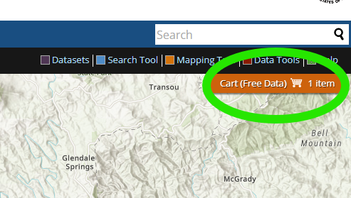 After adding a location, open Cart (Free Data) from the top bar to configure the download. The cart badge shows how many selections are waiting before you set format and options.
