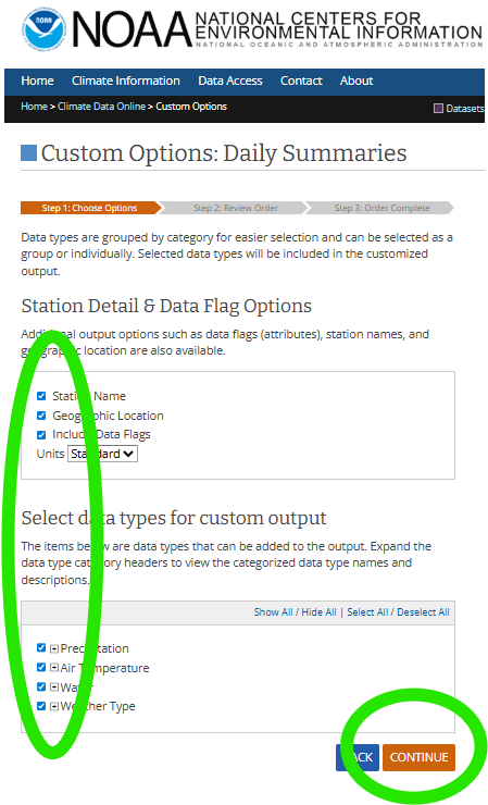 Custom options: turn on station name, geographic location, and data flags as needed, choose Standard units unless your syllabus says otherwise, and select the data types you need (for this module, air temperature at minimum). Continue when the checklist matches your lab.