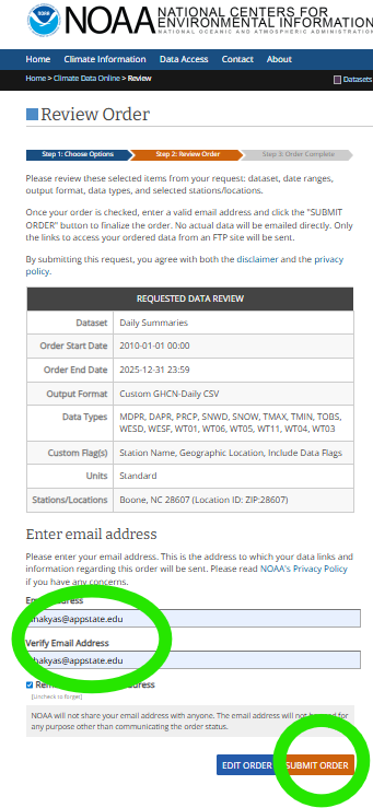 Review order lists dataset, dates, format, variables, and locations. Enter and verify your email, then submit; NCEI emails a link when the custom extract is ready.