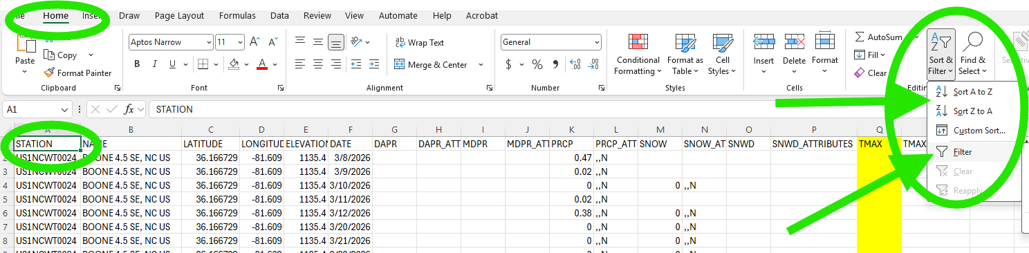 On the Home tab, select the header row on the import sheet, open Sort & Filter, and choose Filter so you can keep July rows, drop missing TMAX, and sort by date before you copy to Data.