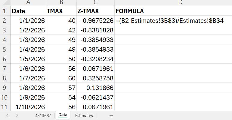 Data sheet with Z-TMAX: each row's TMAX is converted to a z score via (value minus mean) divided by sample SD, with mean and SD read from Estimates. Fill the formula down so every day uses the same mean and sample SD.